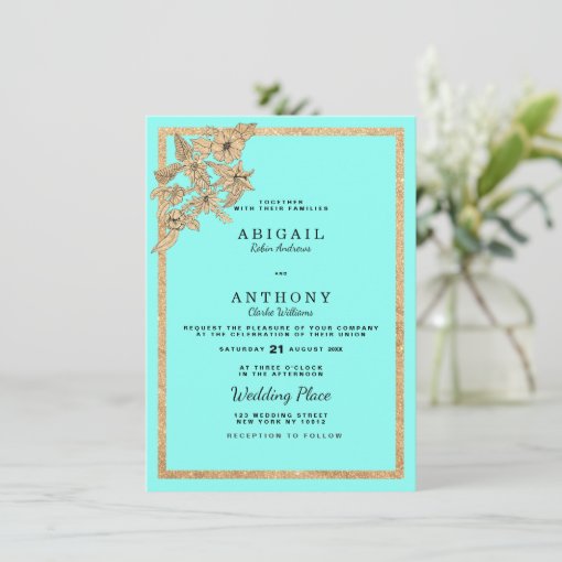 Chic Aqua Blue Gold Glitter Floral Wedding Invitation | Zazzle