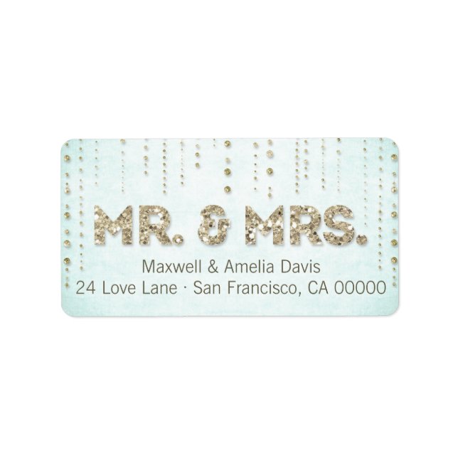 Chic Aqua Blue & Gold Glitter Mr. & Mrs. Label (Front)
