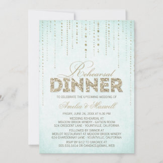 Chic Aqua Blue & Gold Glitter Rehearsal Dinner Invitation