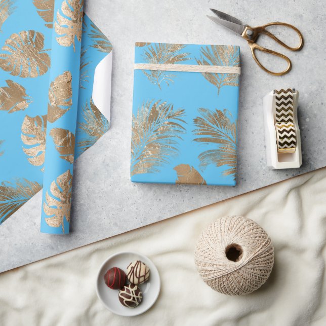 Chic Aqua Blue Gold Tropical Leaves Wrapping Paper (Crafts)