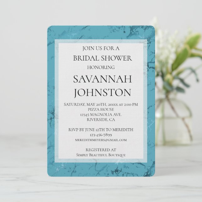 Chic Aqua Blue Marble Bridal shower Invitation (Standing Front)