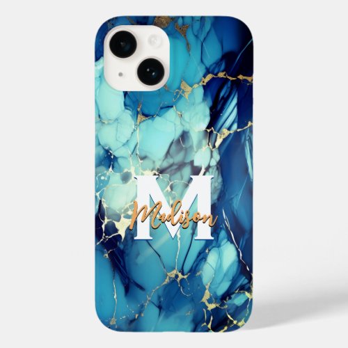 chic aqua blue marble faux gold glitter monogram Case_Mate iPhone 14 case