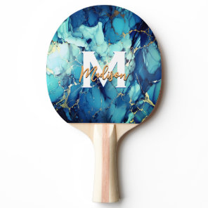 chic aqua blue marble faux gold glitter monogram ping pong paddle