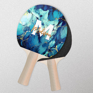 chic aqua blue marble faux gold glitter monogram ping pong paddle