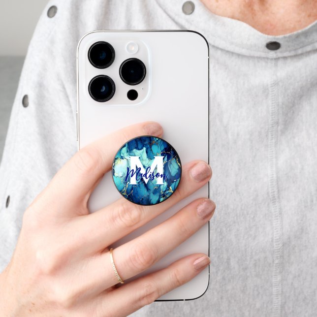 chic aqua blue marble faux gold glitter monogram PopSocket (Hand)