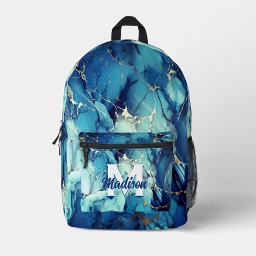 chic aqua blue marble faux gold glitter monogram  printed backpack