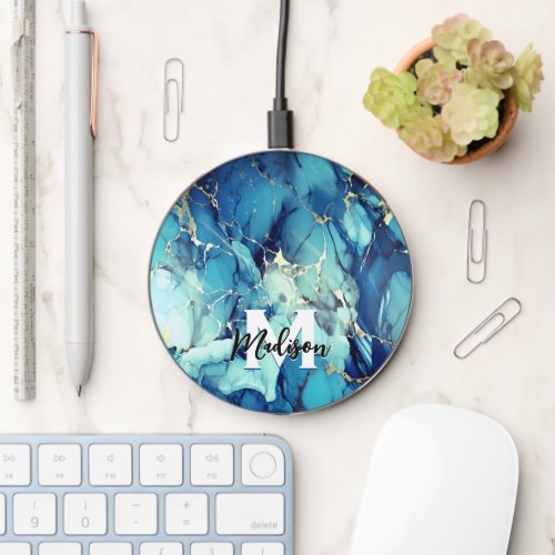 chic aqua blue marble faux gold glitter monogram wireless charger 