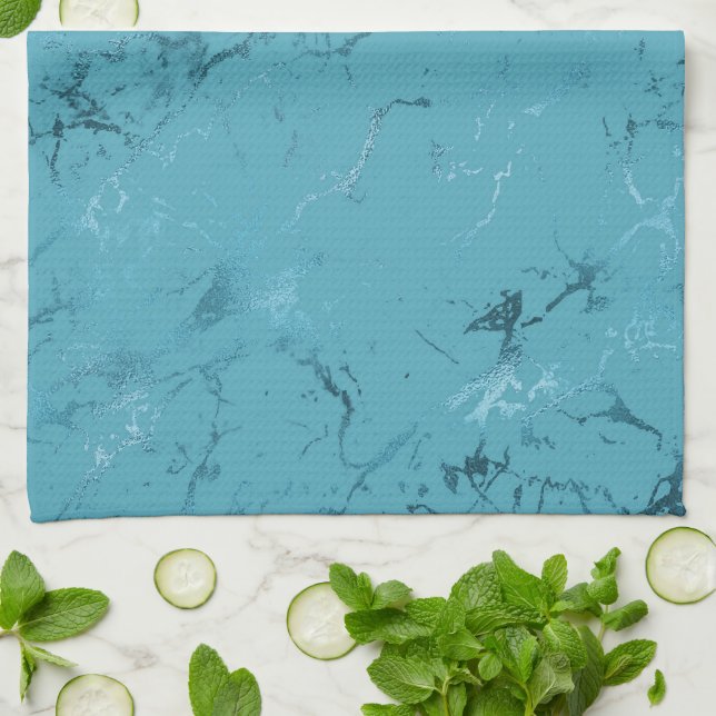Chic Aqua Blue Marble Wedding Kitchen Towel (Folded)