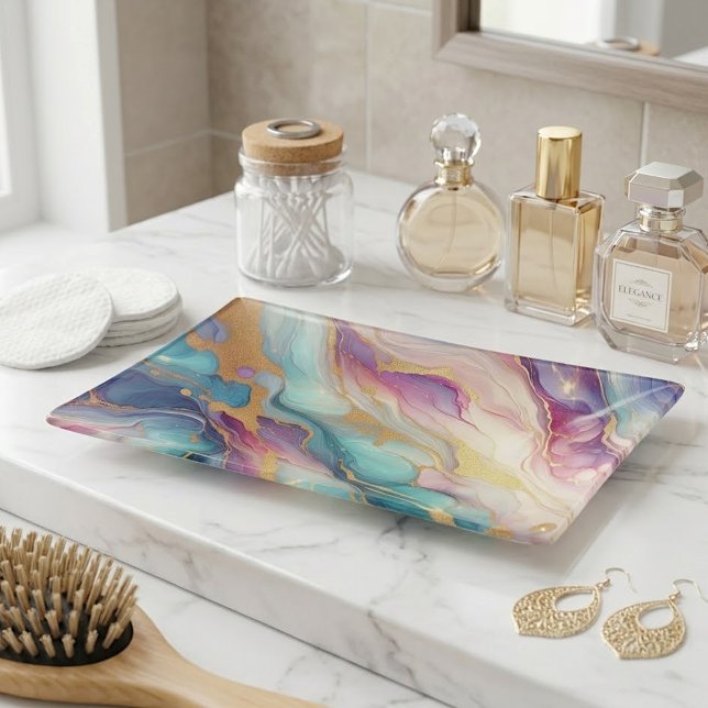 Chic Aqua Blue Purple Pink Gold Marble Art Pattern Trinket Tray (Creator Uploaded)