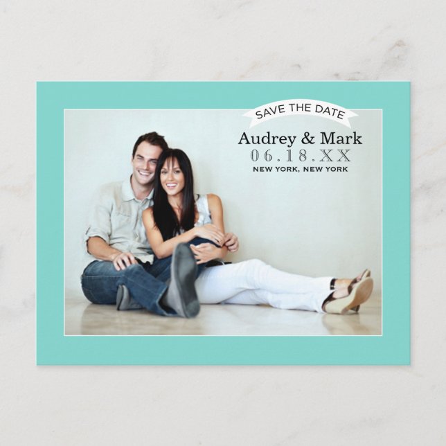 Chic Aqua Blue Wedding Photo Save the Date Announcement Postcard (Front)