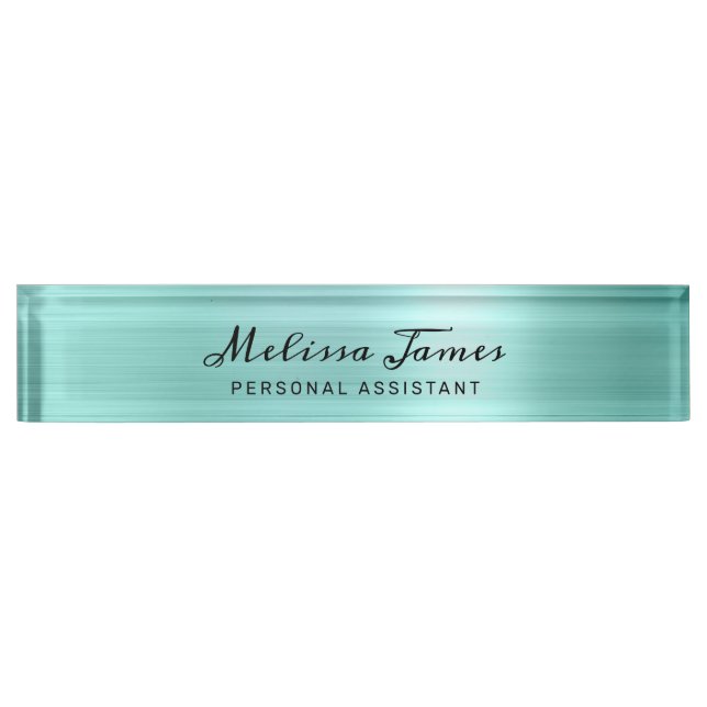 Chic Aqua Brushed Metal Modern Black Script Desk Name Plate (Front)