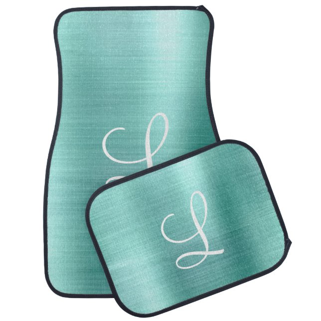 Chic Aqua Brushed Metal White Monogram Car Floor Mat (Set)
