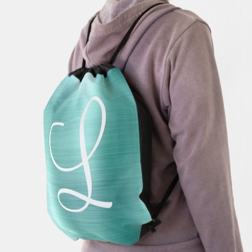 Chic Aqua Brushed Metal White Monogram Drawstring Bag