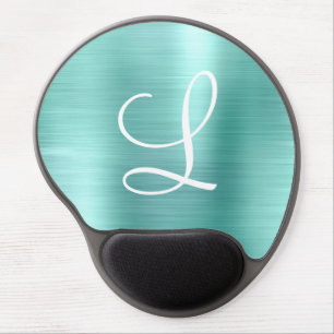 Chic Aqua Brushed Metal White Monogram Gel Mouse Pad