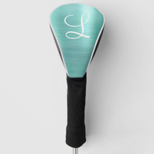 Chic Aqua Brushed Metal White Monogram Golf Head Cover
