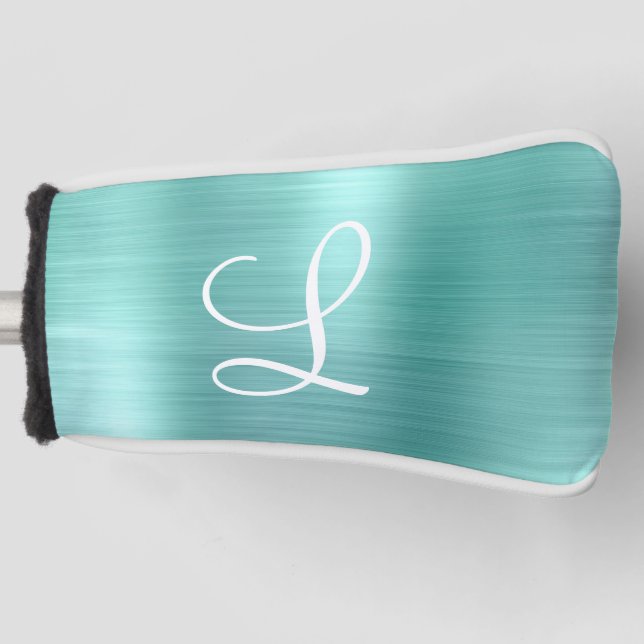 Chic Aqua Brushed Metal White Monogram Golf Head Cover (Front)