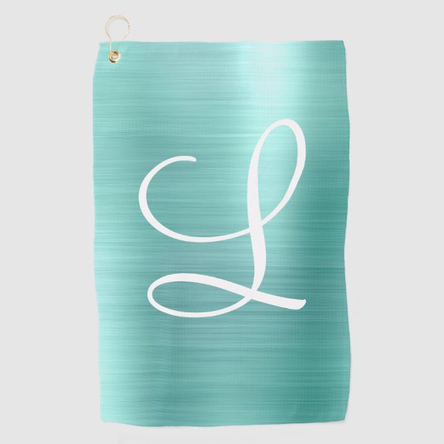 Chic Aqua Brushed Metal White Monogram Golf Towel (Front)