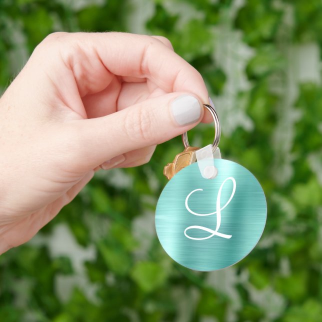 Chic Aqua Brushed Metal White Monogram Keychain (Hand)