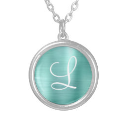 Chic Aqua Brushed Metal White Monogram Silver Plated Necklace