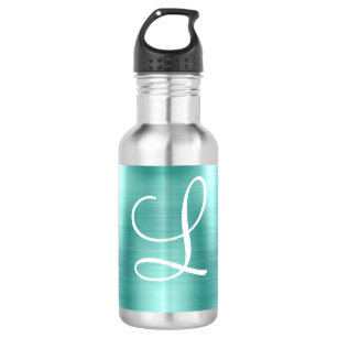 Chic Aqua Brushed Metal White Monogram Stainless Steel Water Bottle