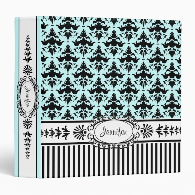 Chic Aqua Damask French Woman's Notebook Binder (Front/Spine)