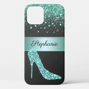 Chic Aqua Glitter Diamond High Heel Shoe Name iPhone 12 Pro Case