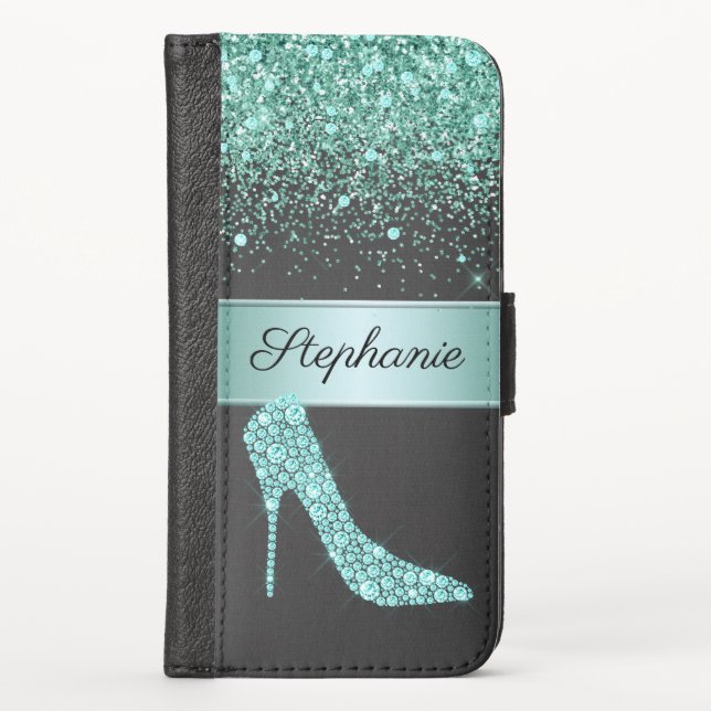 Chic Aqua Gold Glitter Diamond High Heel Shoe Name iPhone Wallet Case (Front)