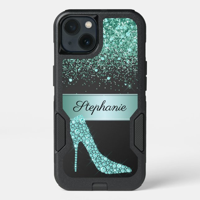 Chic Aqua Gold Glitter Diamond High Heel Shoe Name Otterbox iPhone Case (Back)