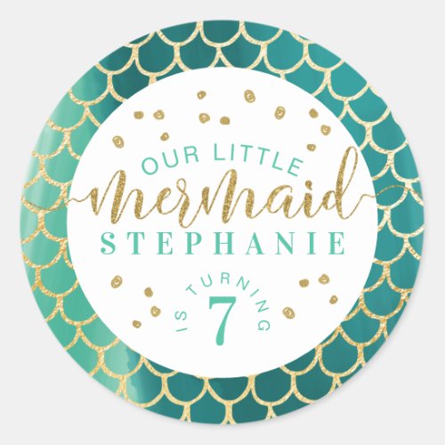 Chic Aqua  Gold Scale Little Mermaid Birthday Classic Round Sticker