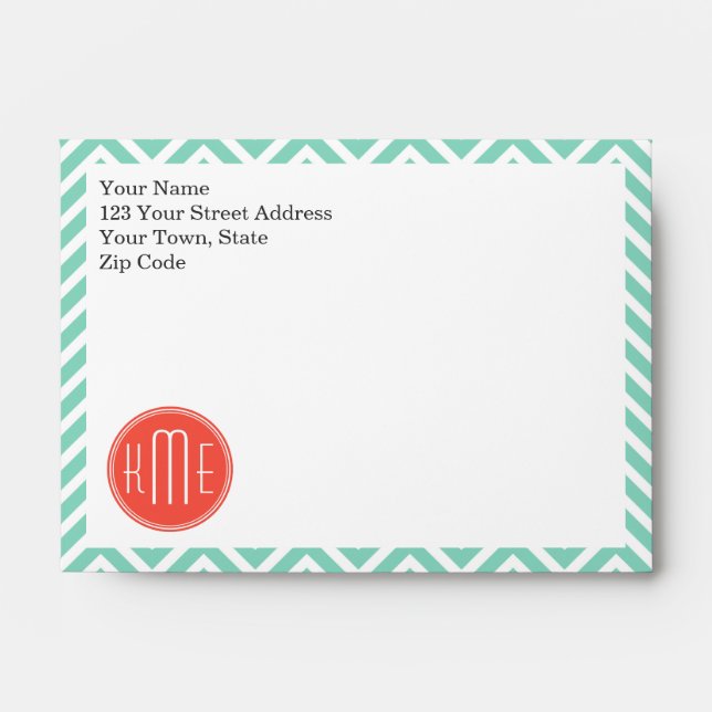 Chic Aqua Green Chevron and Orange Custom Monogram Envelope (Front)