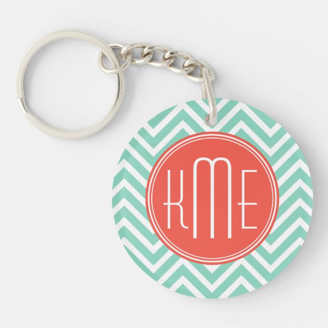 Chic Aqua Green Chevron and Orange Custom Monogram Keychain (Front)