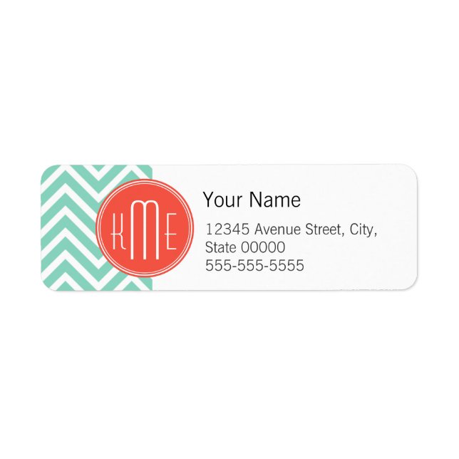 Chic Aqua Green Chevron and Orange Custom Monogram Label (Front)