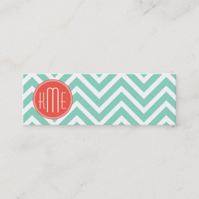 Chic Aqua Green Chevron and Orange Custom Monogram Mini Business Card (Front)