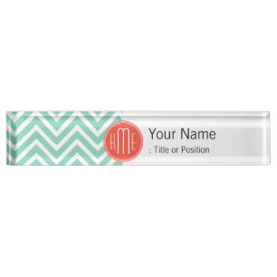 Chic Aqua Green Chevron and Orange Custom Monogram Name Plate