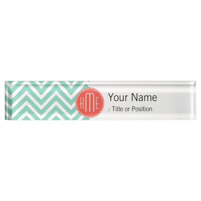 Chic Aqua Green Chevron and Orange Custom Monogram Name Plate (Front)