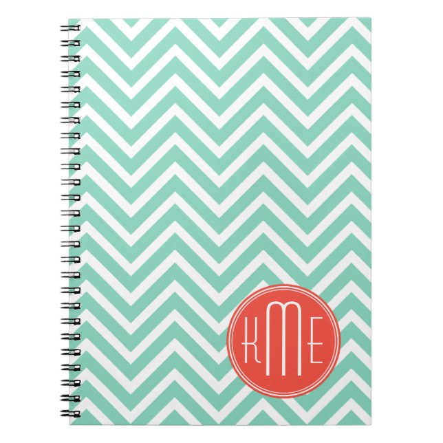 Chic Aqua Green Chevron and Orange Custom Monogram Notebook (Front)