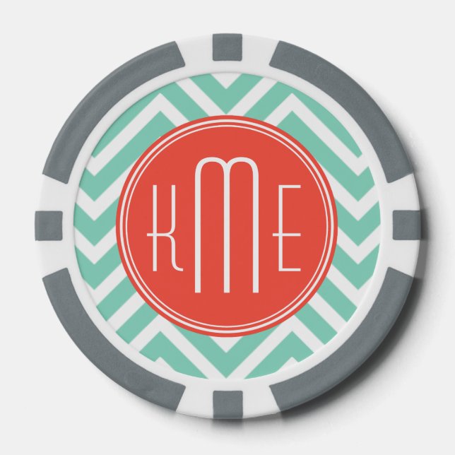 Chic Aqua Green Chevron and Orange Custom Monogram Poker Chips (Front)