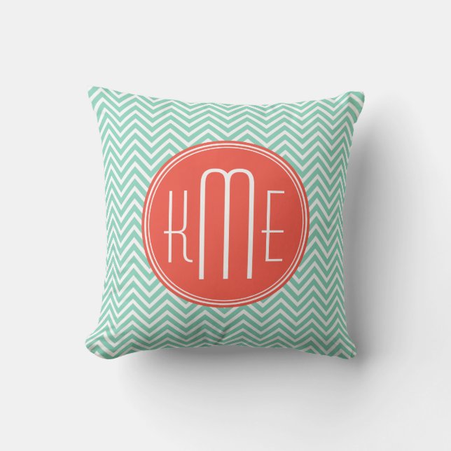 Chic Aqua Green Chevron and Orange Custom Monogram Throw Pillow (Front)