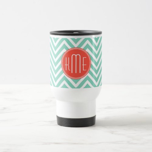 Chic Aqua Green Chevron and Orange Custom Monogram Travel Mug