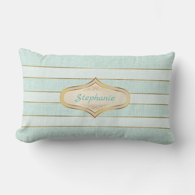Chic Aqua Linen Look with Gold Edged Stripes Lumbar Pillow (Front)