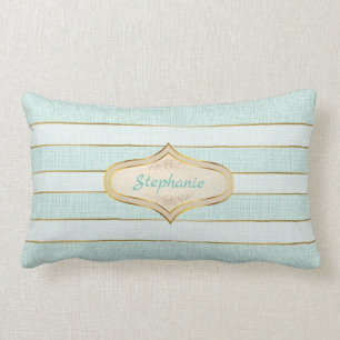 Chic Aqua Linen Look with Gold Edged Stripes Lumbar Pillow