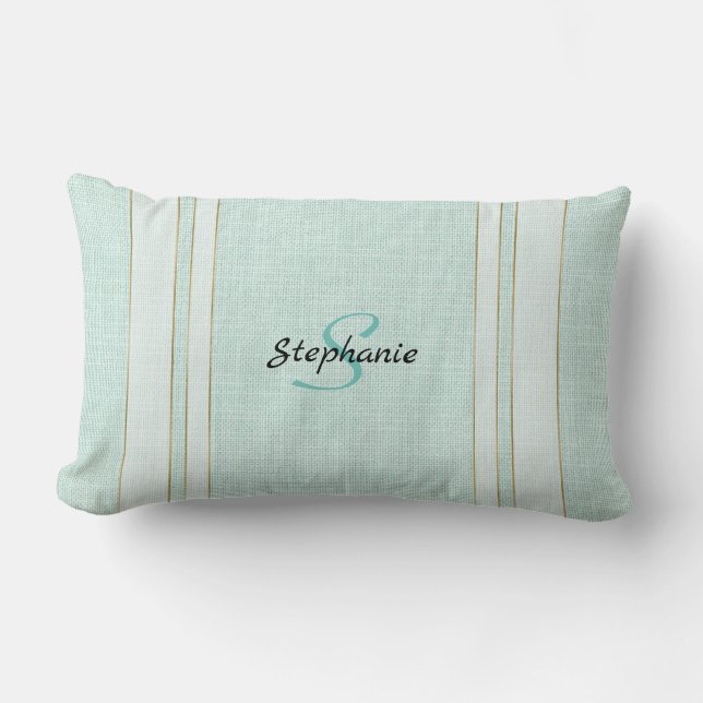 Chic Aqua Linen Look with Monogram Lumbar Pillow (Front)