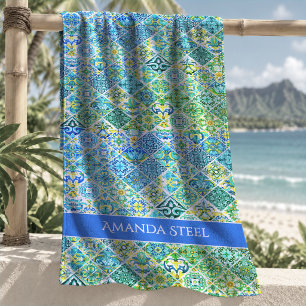 Chic Aqua Mint Mediterranean Floral Tiles Beach Towel