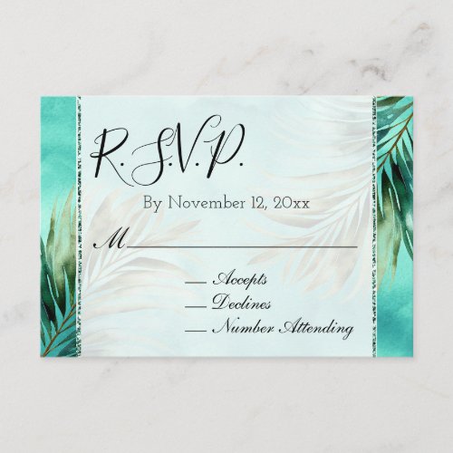 Chic Aqua Mint Tropical Leaves RSVP Enclosure Card