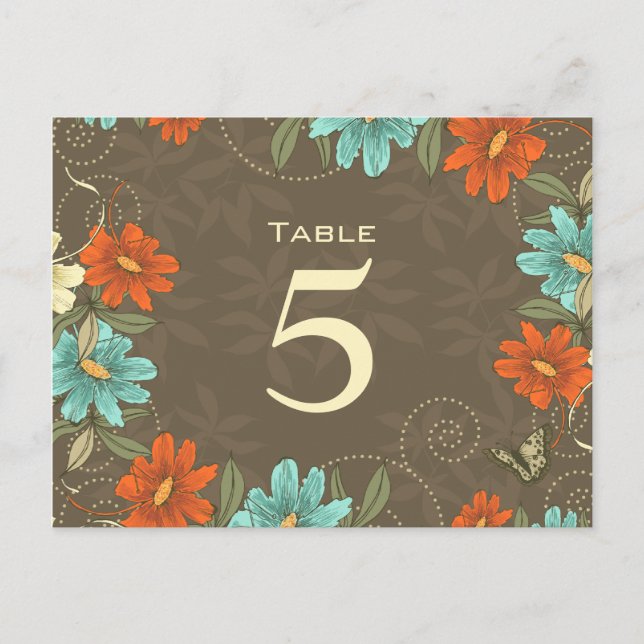 Chic aqua orange cream floral wedding table number (Front)