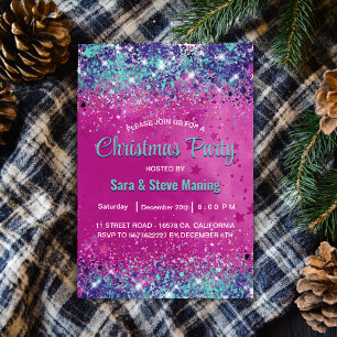 Chic aqua pink iridescent glitter Christmas  Invitation