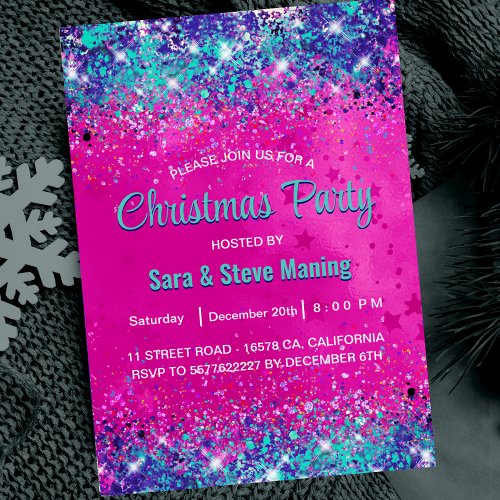 Chic aqua pink iridescent glitter Christmas  Invitation
