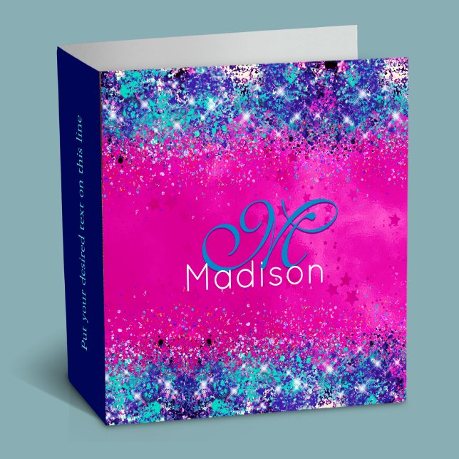 Chic aqua pink iridescent glitter monogram 3 ring binder (Creator Uploaded)
