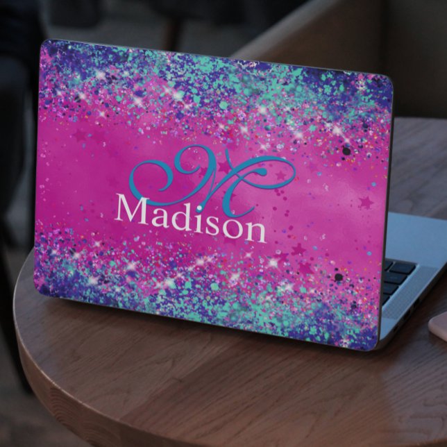 Chic aqua pink iridescent glitter monogram HP laptop skin (Creator Uploaded)