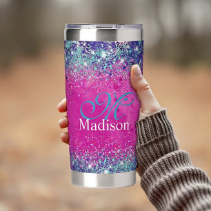 Chic aqua pink iridescent glitter monogram insulated tumbler